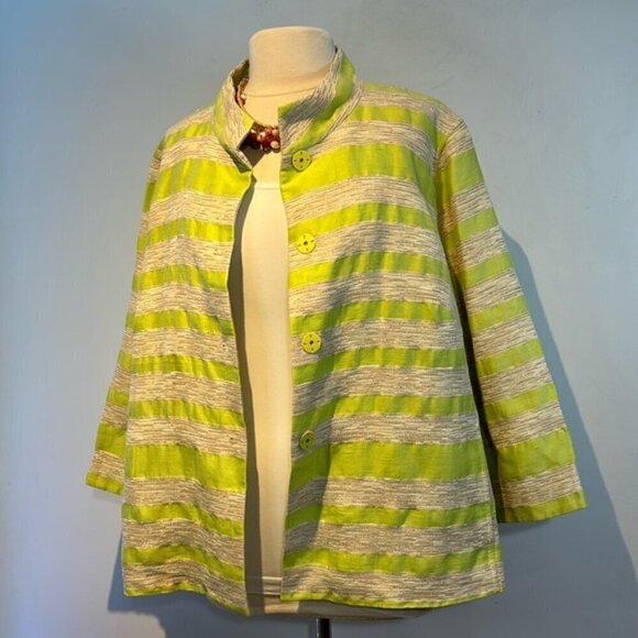 Lafayette 148 Blazer Jacket Womens Green Cream Stripe Linen Blend 3X - Picture 2 of 13